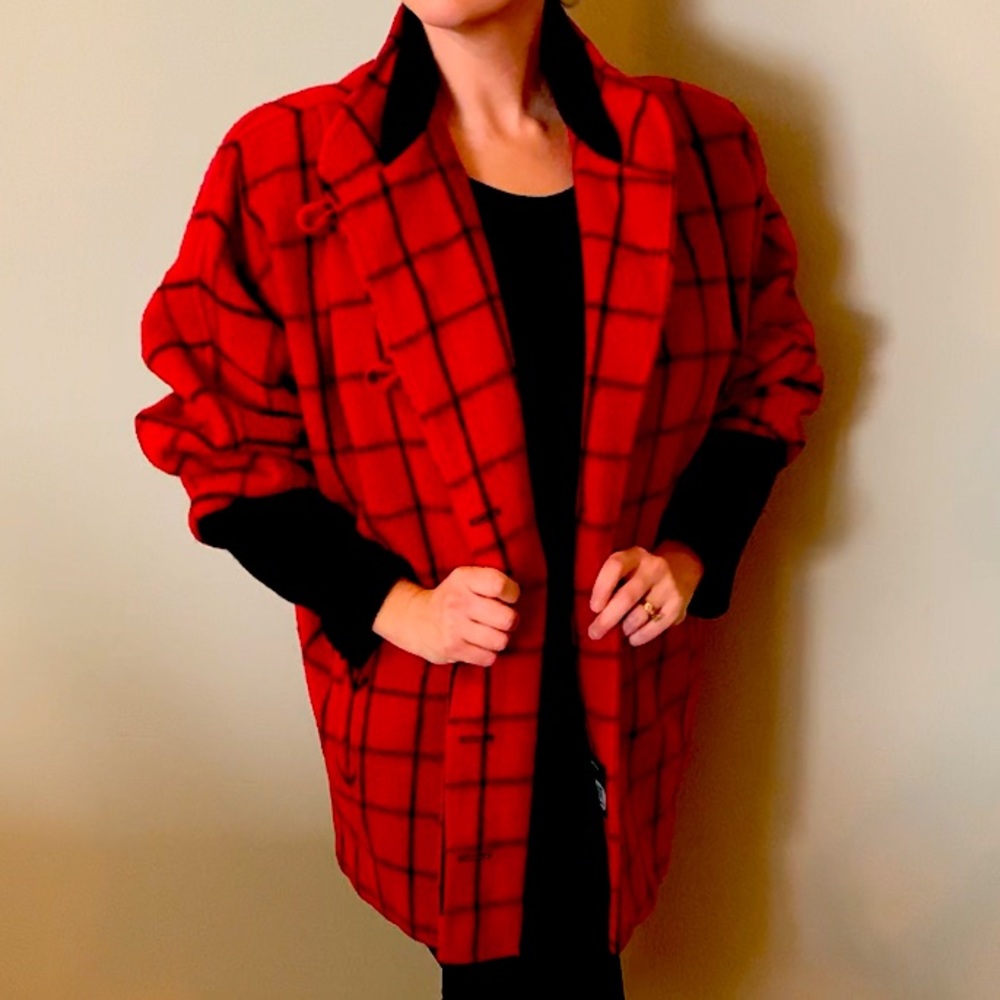Vintage red and black windowpane print wool coat
